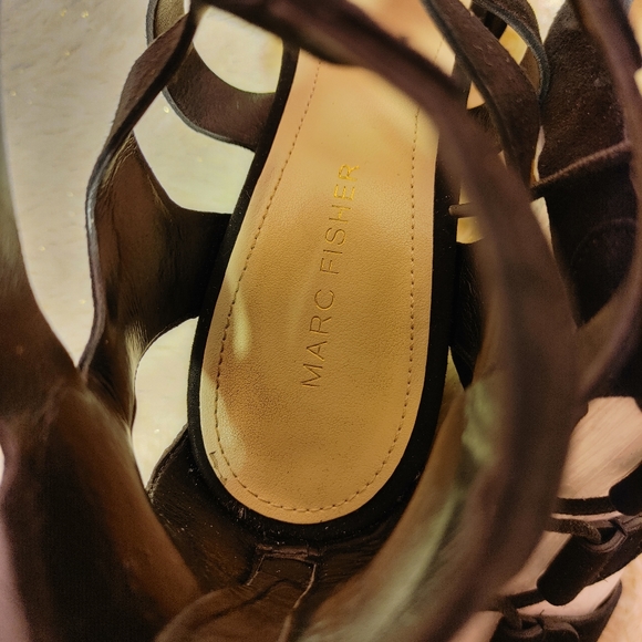 Marc Fisher black leather suede sandal heels back zip front lace up sz 7.5 - Picture 8 of 11